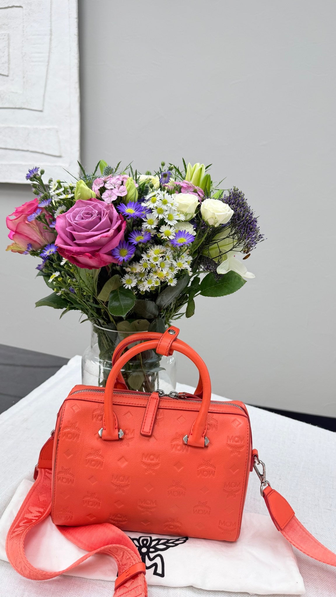 MCM Coral Visetos Leather Boston Bag