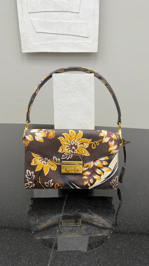 Prada Brown & Yellow Printed Floral Saffiano Leather Shoulder Bag
