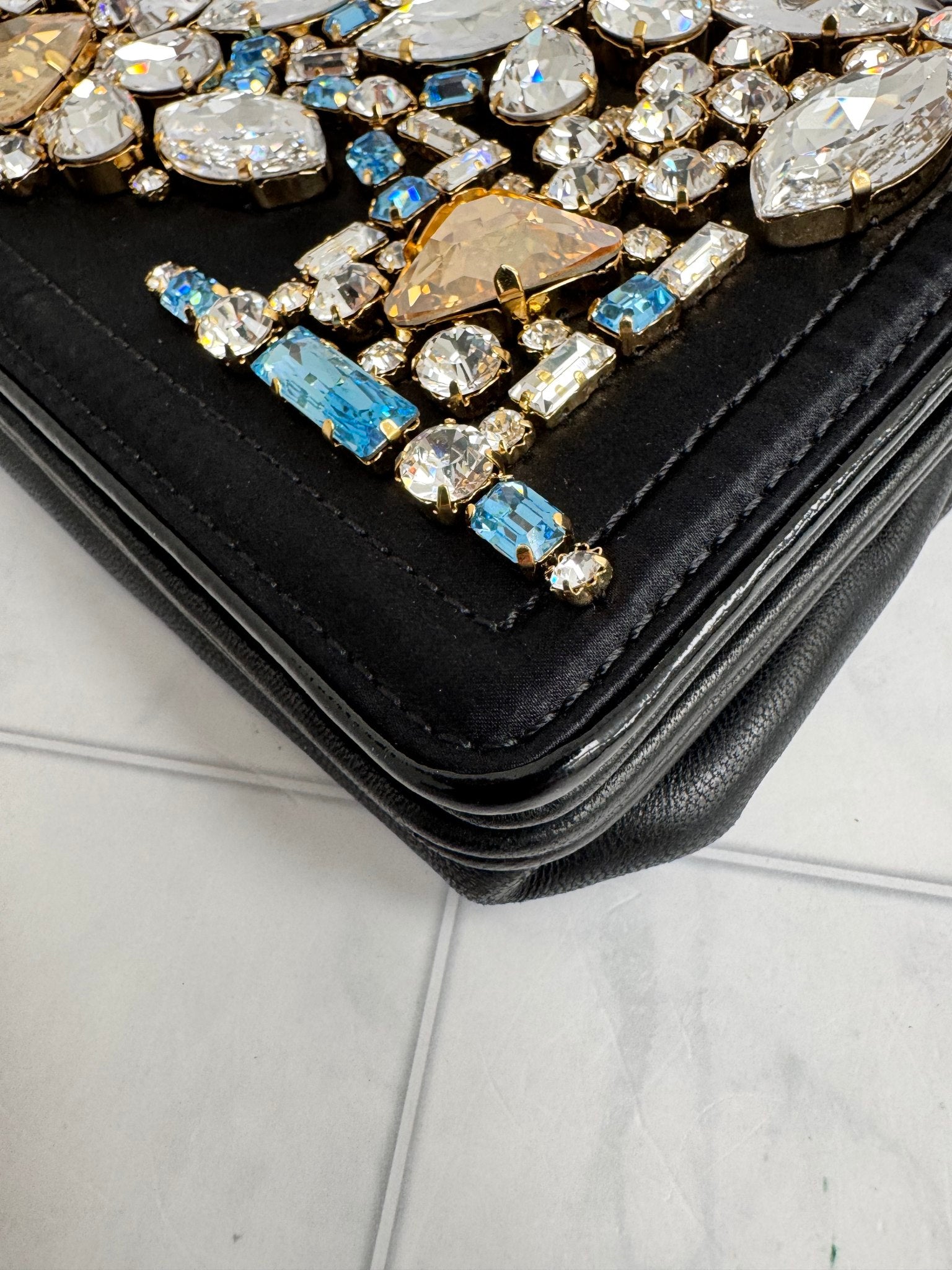 MCM Black Satin And Leather Crystal Embellished Chain Shoulder Bag