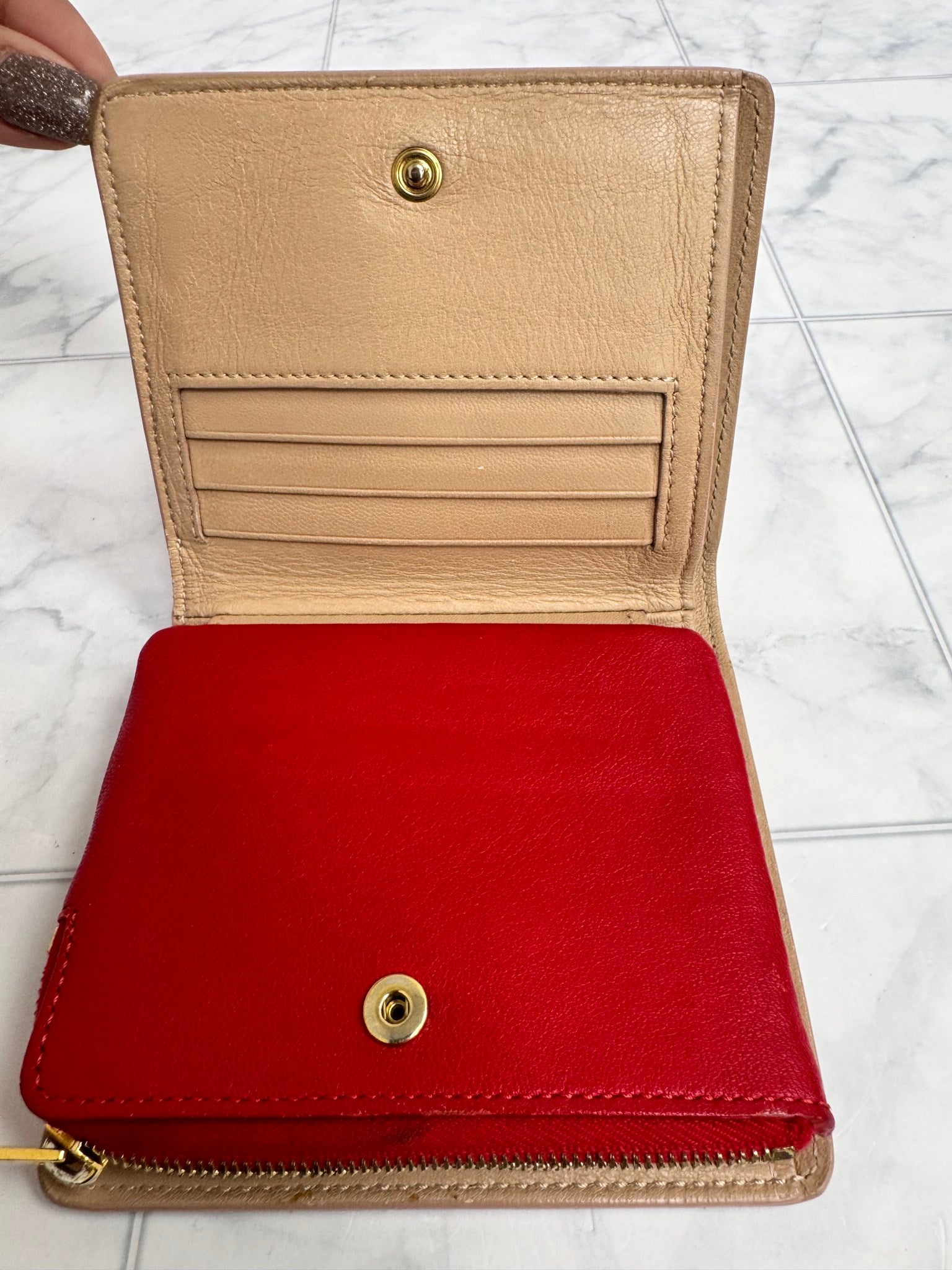 Celine Red And Nude Leather Compact Wallet