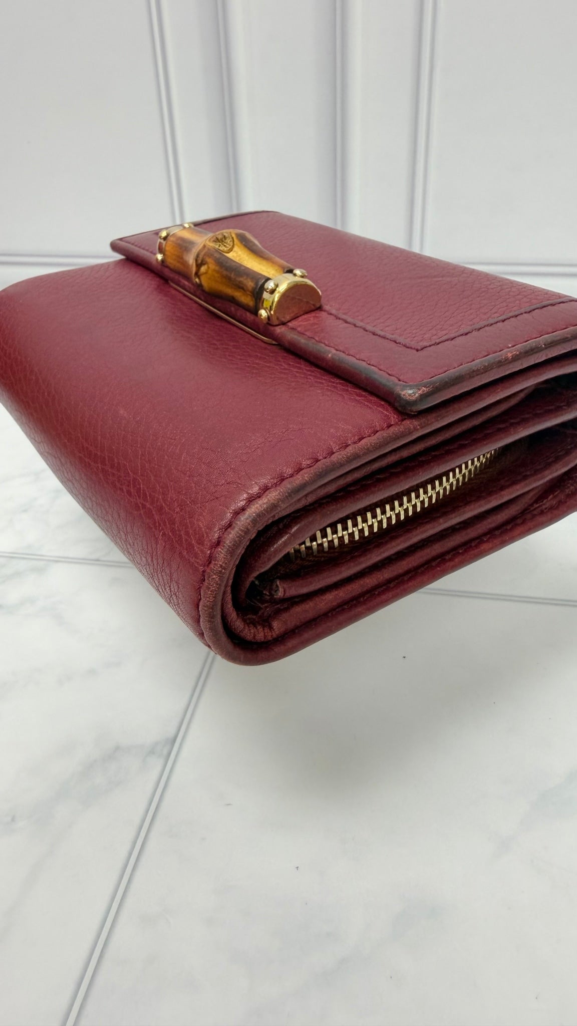 Gucci Burgundy Grained Leather Bamboo Trifold Wallet 