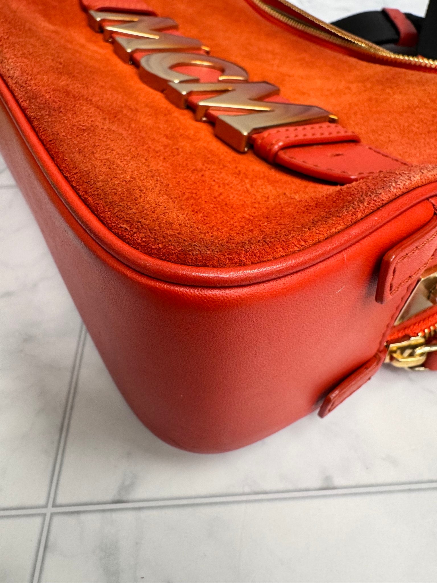 MCM Orange Suede Crossbody Bag