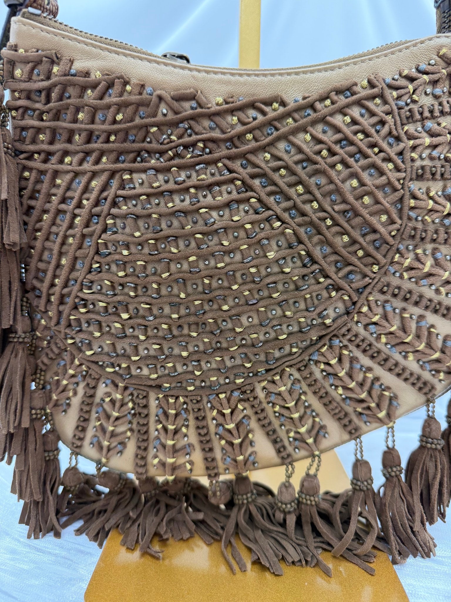 Fendi Brown Suede & Lizard Oyster Beaded Fringe Hobo Bag