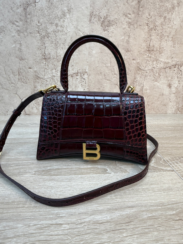 Balenciaga Burgundy Croc Embossed Small Hourglass Top Handle Bag