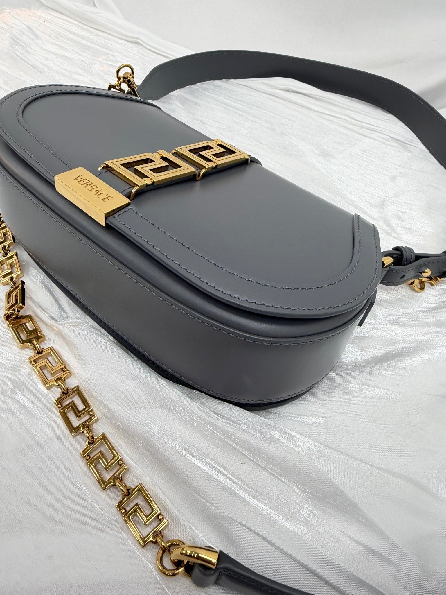 LIKE NEW- Versace Grey Calfskin Medium Greca Goddess Shoulder Bag