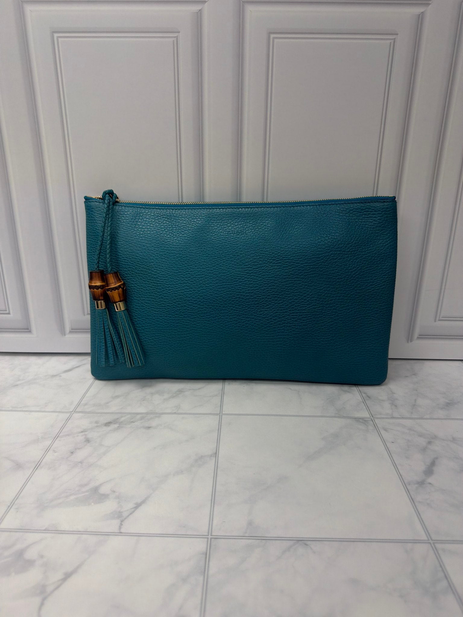 Gucci Teal Grained Leather Bamboo Clutch Pouch