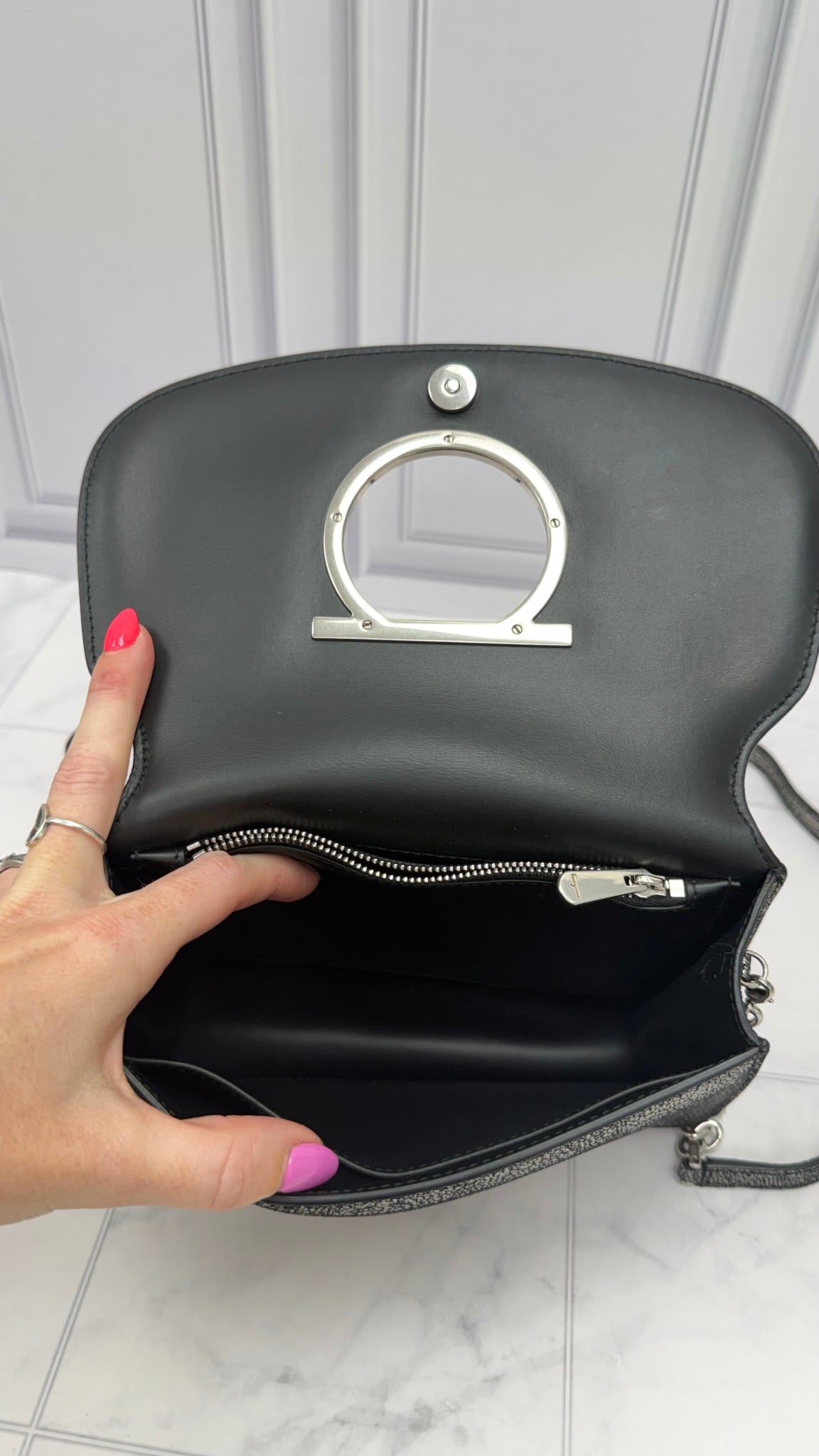 Salvatore Ferragamo Black Crinkled Metallic Leather Clutch Crossbody