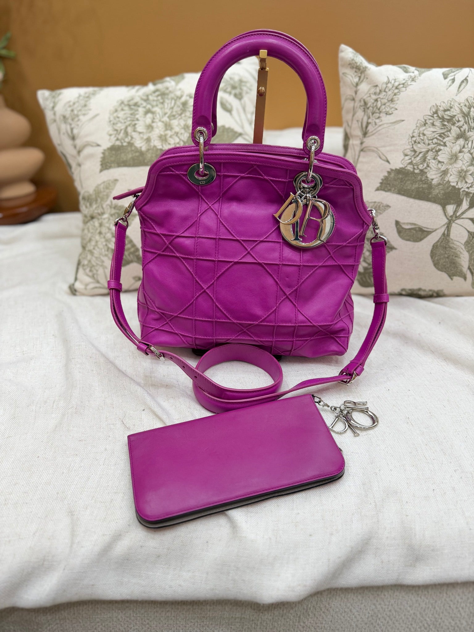 Chritstian Dior Purple Leather Granville Reverse Stitch Cannage Bag & Wallet