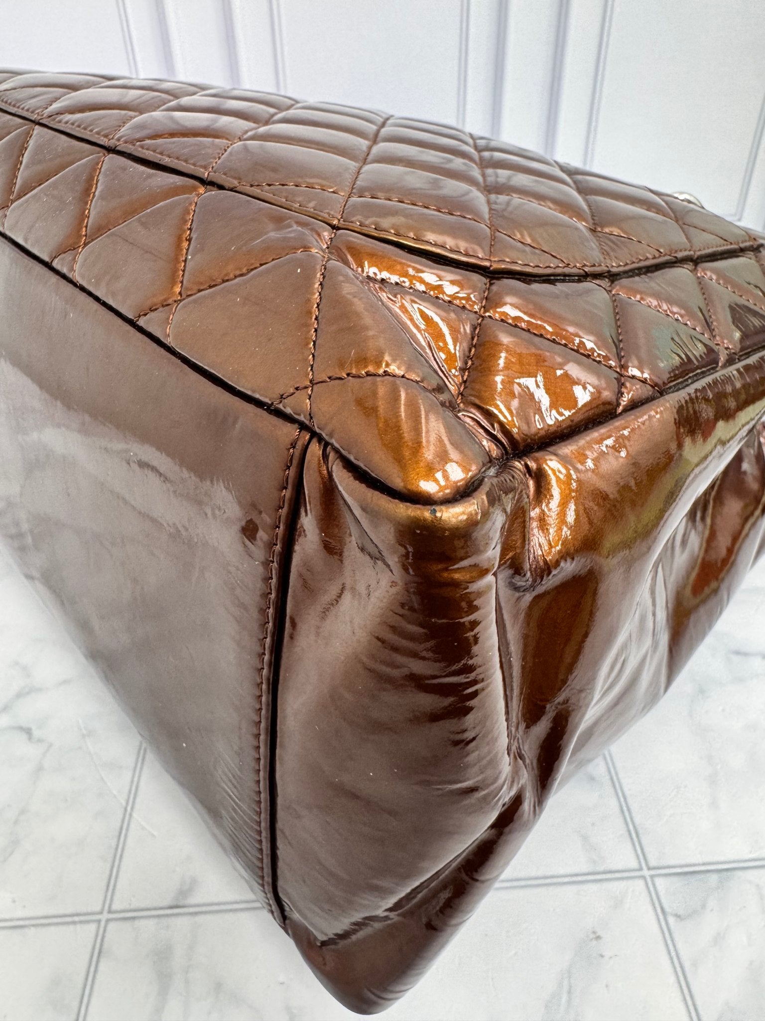 Chanel Bronze Quilted Patent Leather Grand Shopping Tote