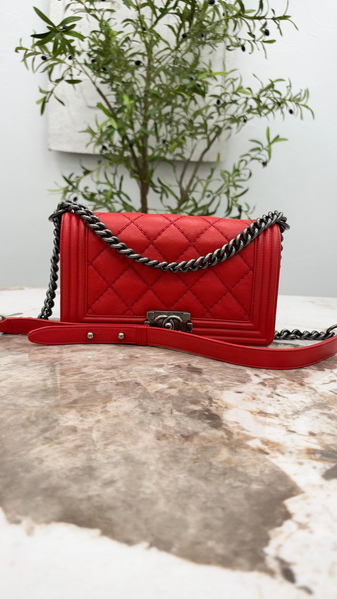 Chanel Red Calfskin Leather Wild Stitch Medium Boy Flap Bag