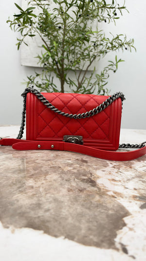 Chanel Red Calfskin Leather Wild Stitch Medium Boy Flap Bag