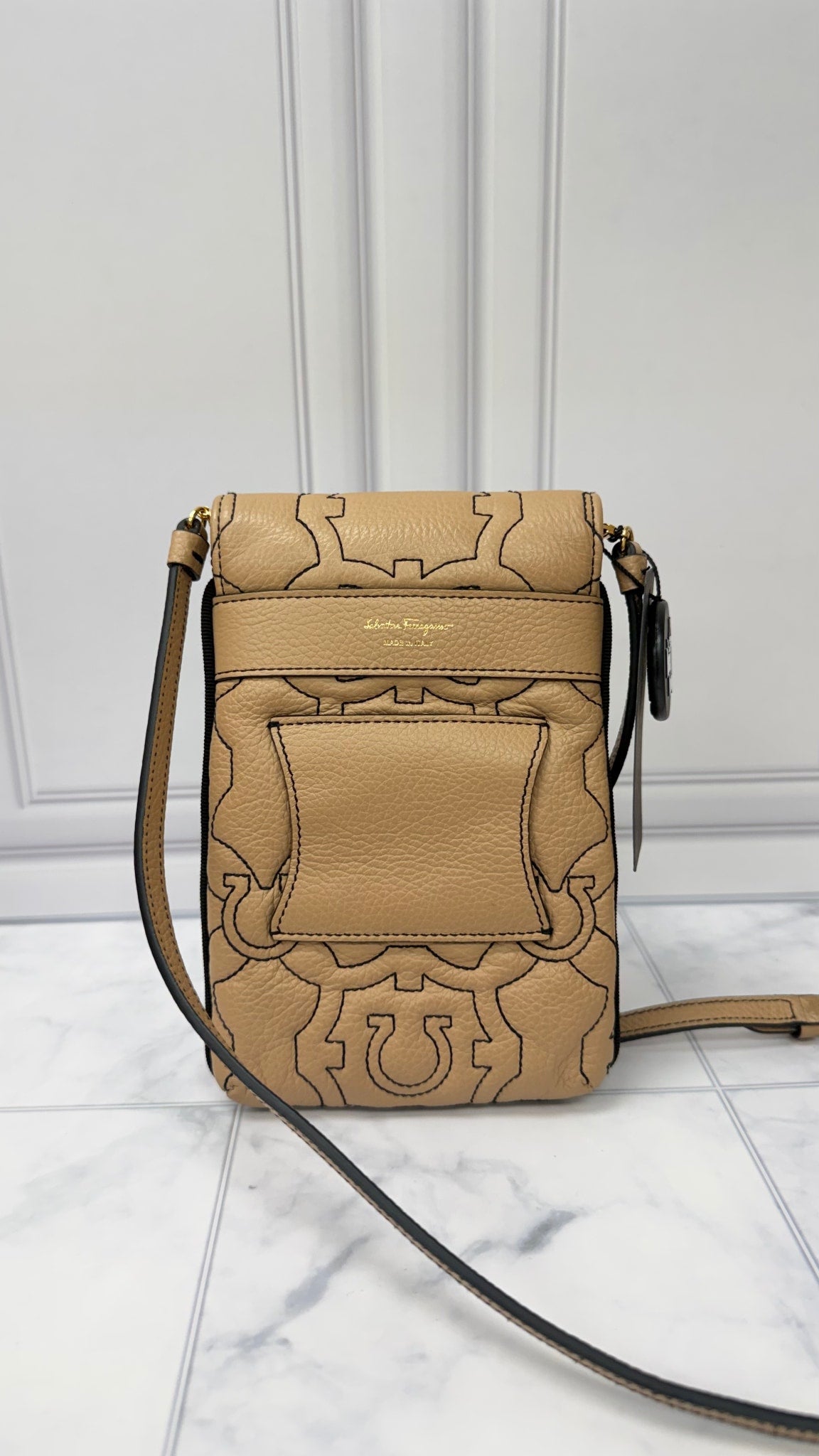 Salvatore Ferragamo Beige Grained Leather Phone Crossbody