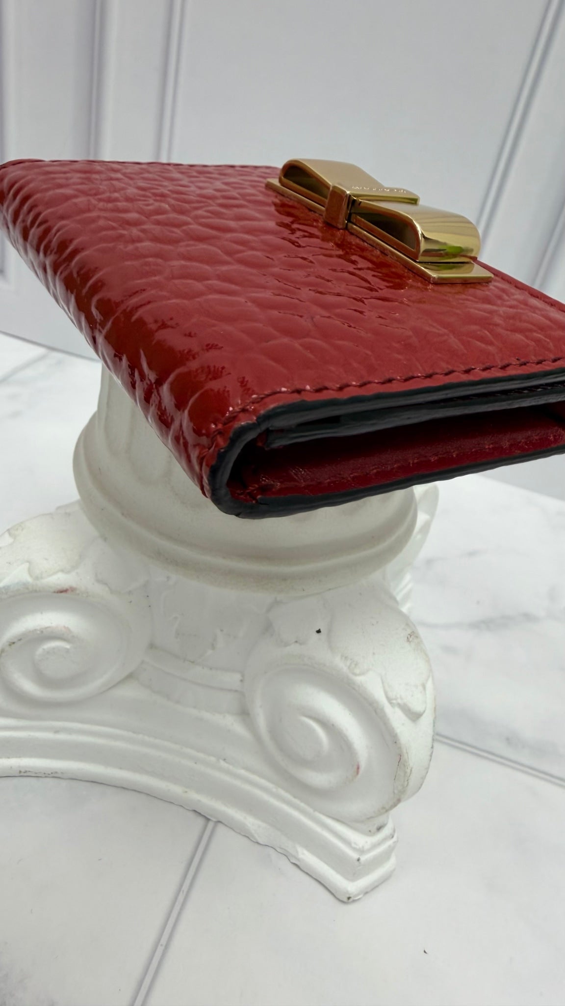 Burberry Red Embossed Patent Leather Compact Bow Wallet