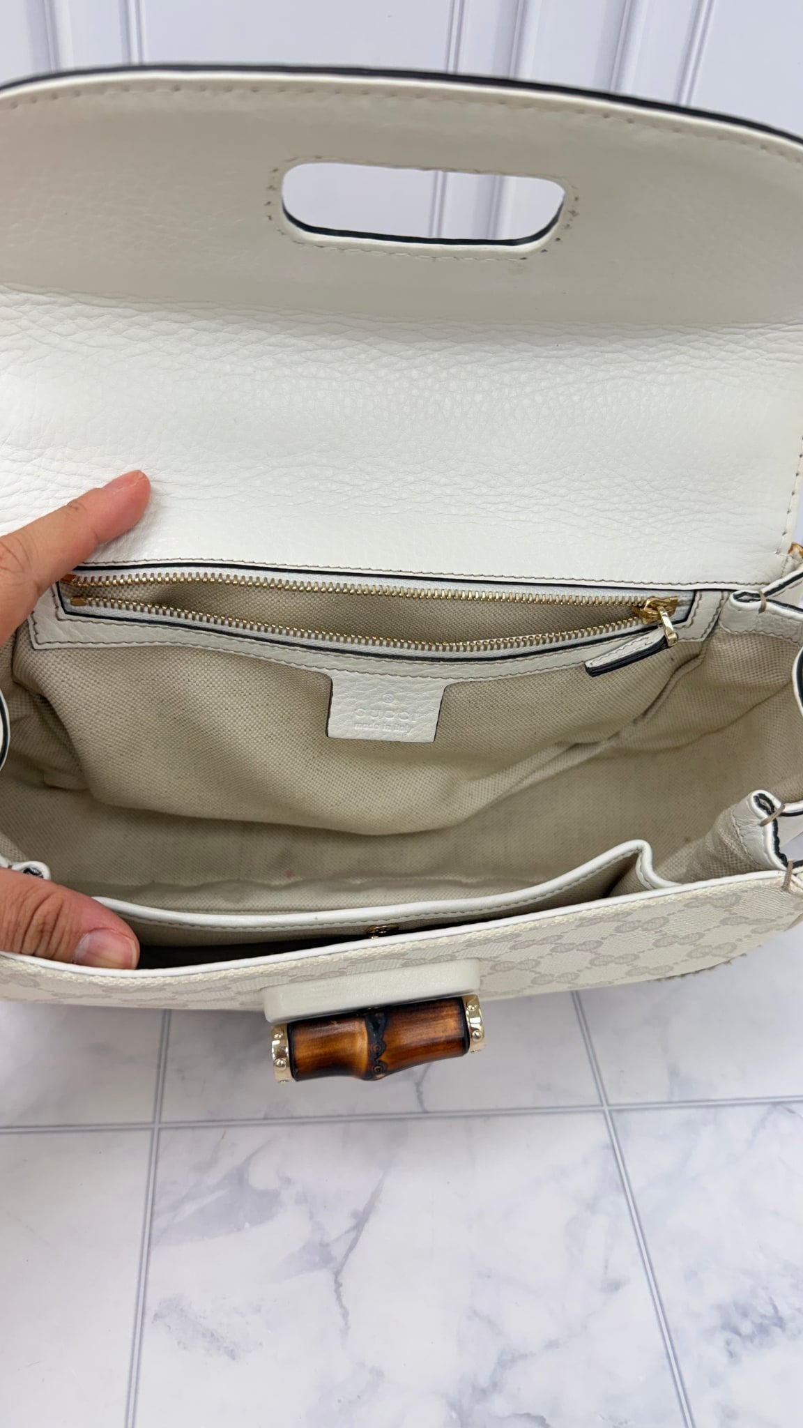Gucci Cream Leather GG Canvas Bamboo 1947 Medium 2Way Bag 