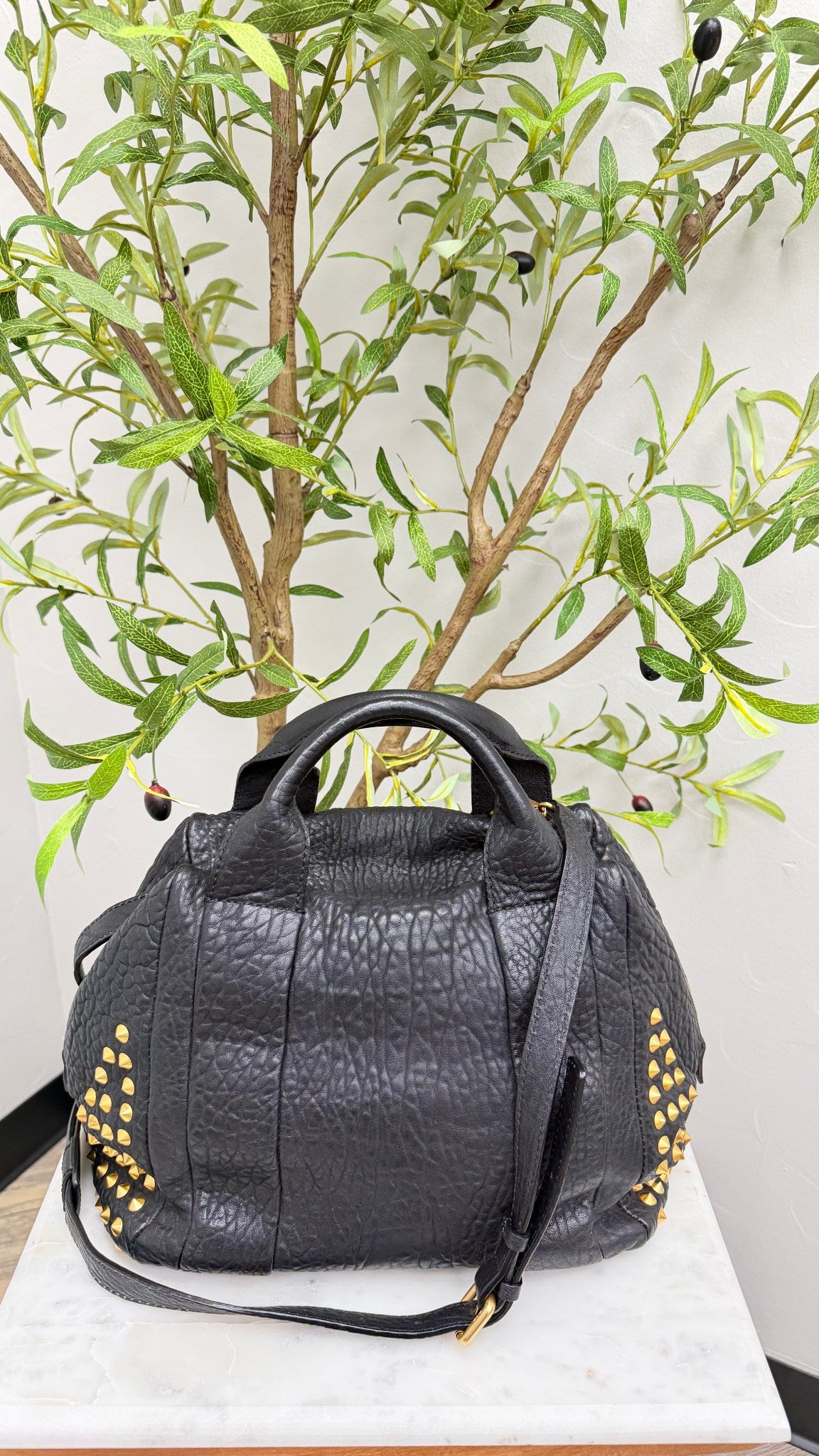 MCM Black Pebbled Leather Keana Studded Satchel 