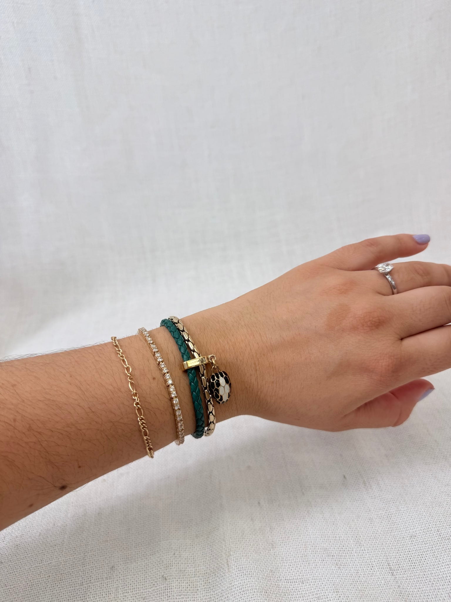 Bvlgari Green Leather Gold plated Brass Chain Serpenti Forever Bracelet 