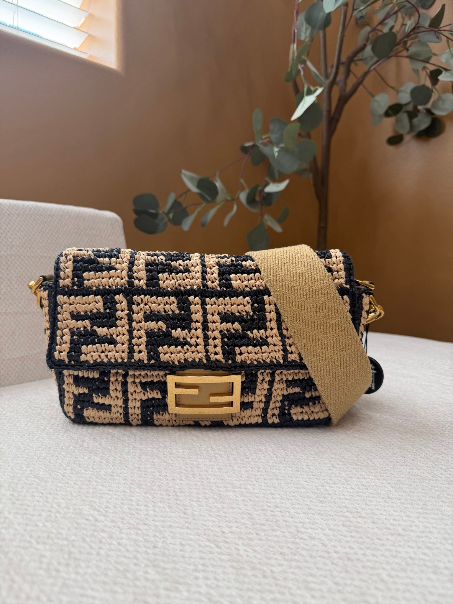 Fendi Navy And Tan Raffia FF Vitello Grace Baguette Handbag 