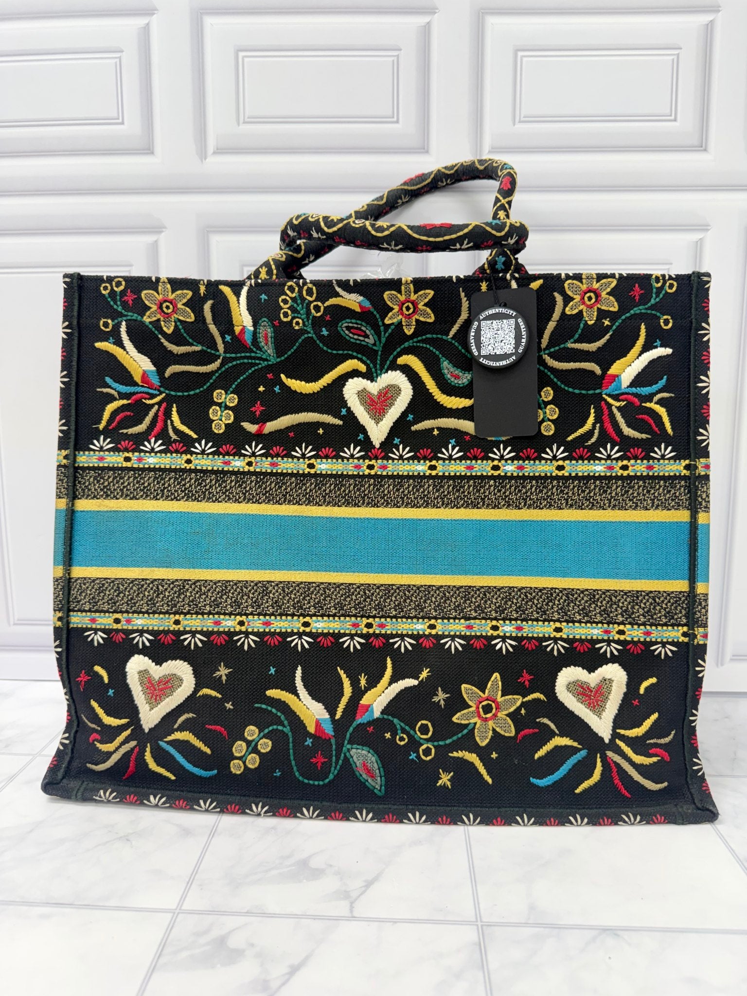 Christian Dior Black Multicolor Embroidered Canvas Large Book Tote Bag 