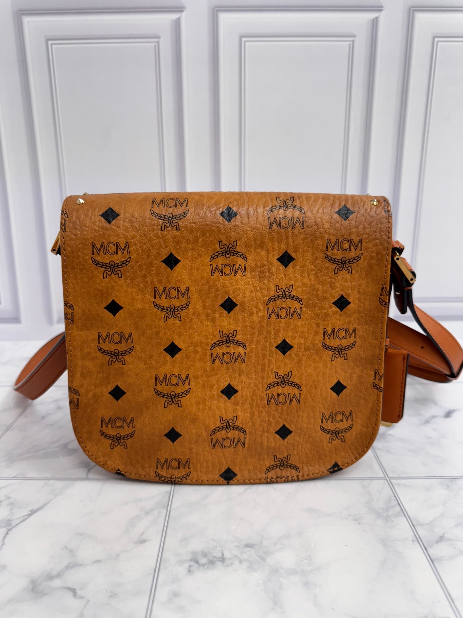 MCM Cognac Visetos Coated Canvas Studded Patricia Outline Small Crossbody Bag