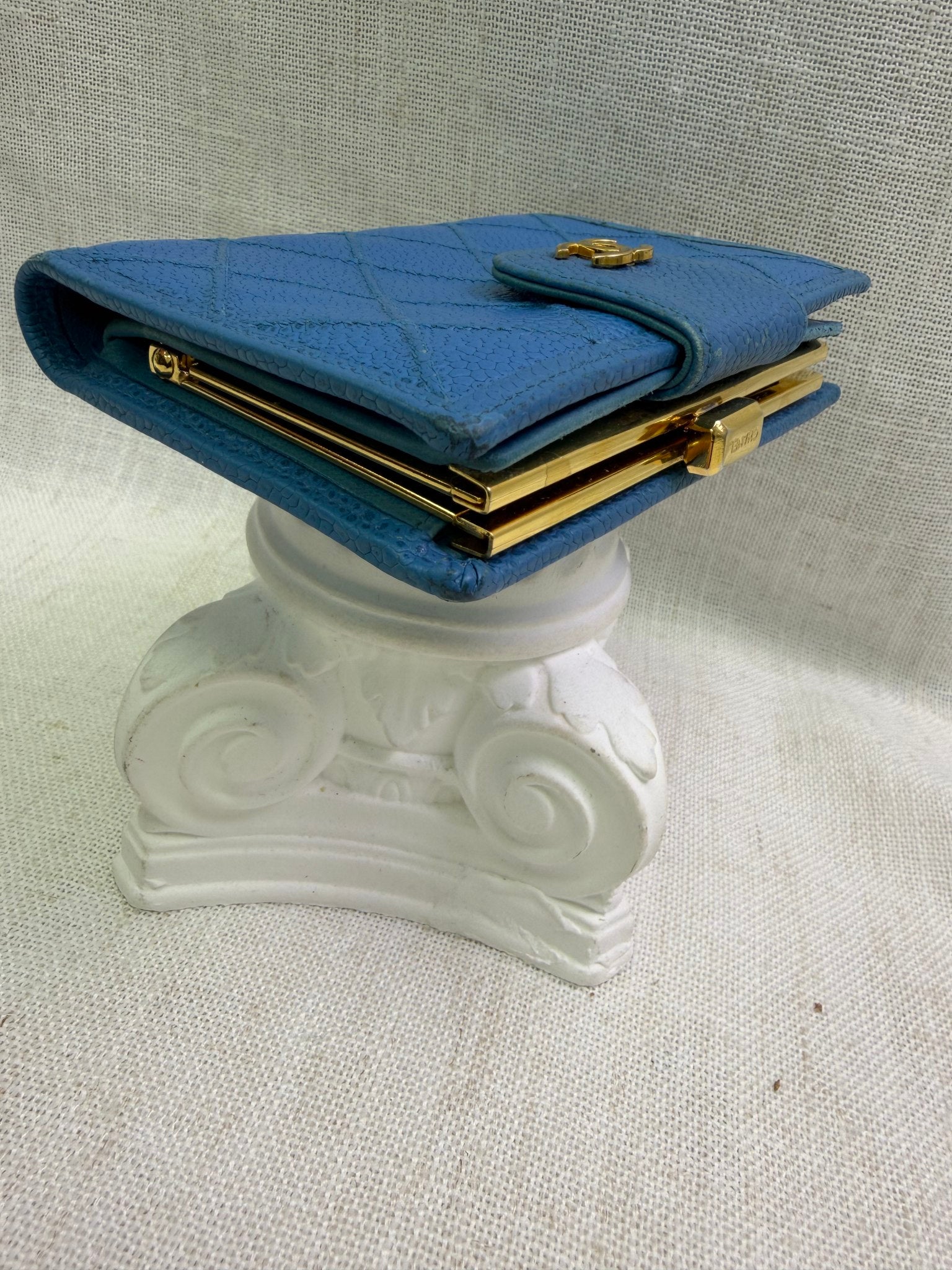 Chanel Blue Quilted Caviar Kisslock Compact Wallet