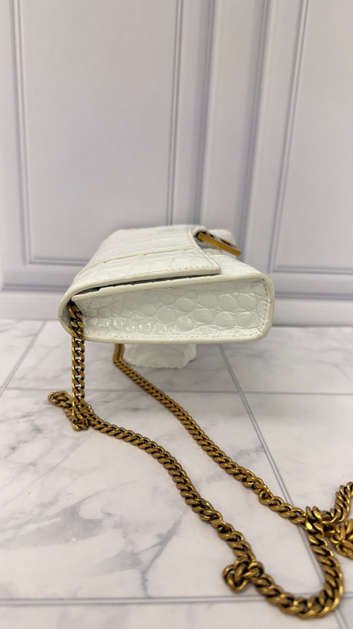 Balenciaga White Croc Embossed Leather Wallet On a chain 