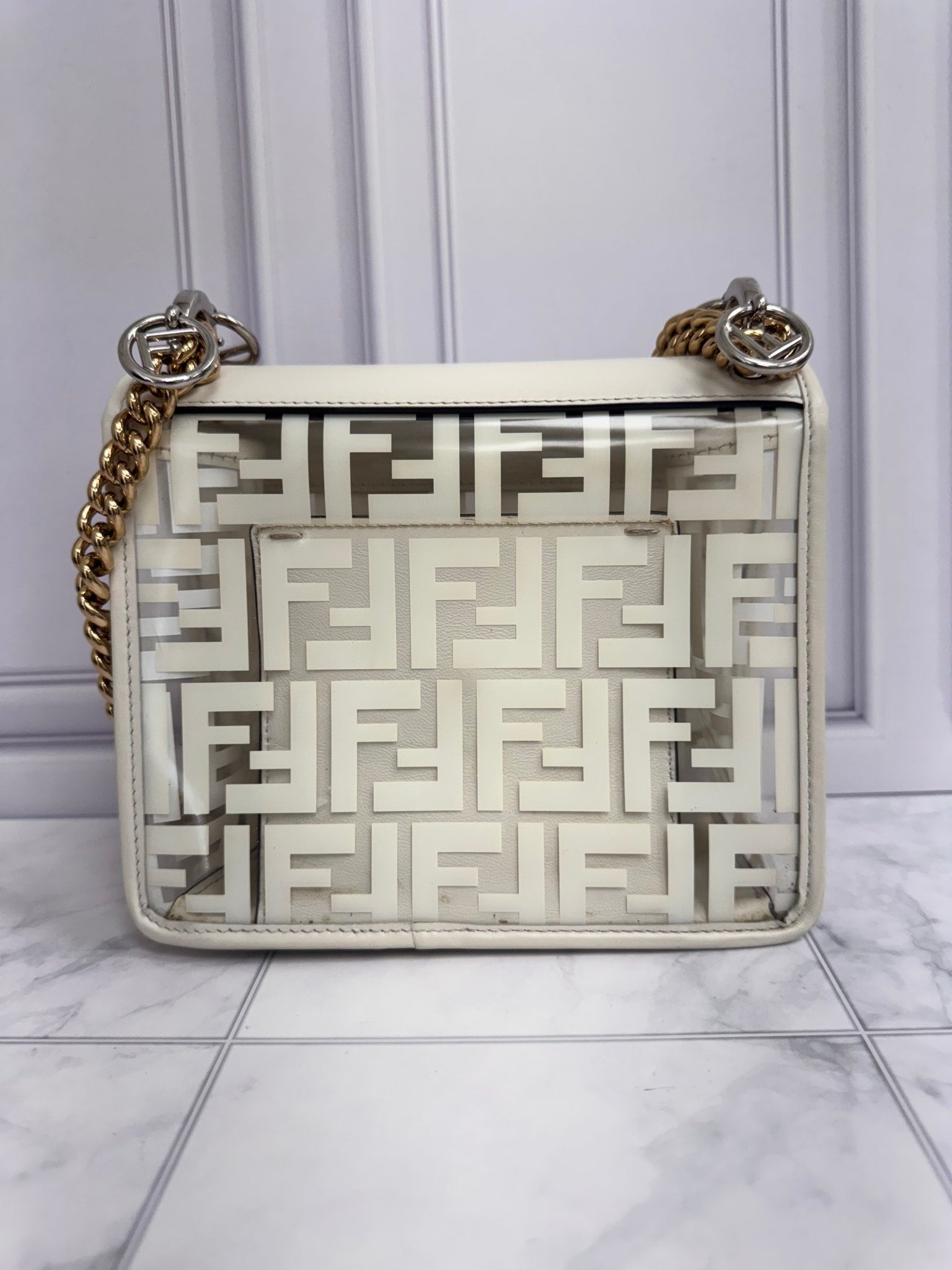Fendi White Zucca PVC Kan I Logo Crossbody Bag