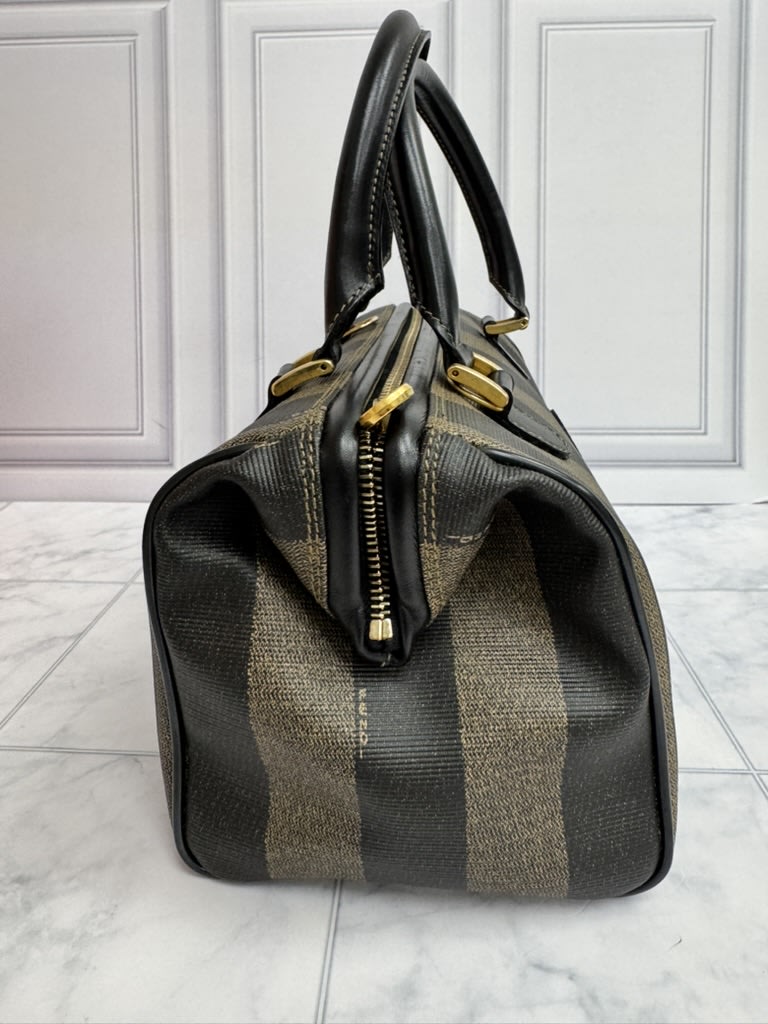 Fendi Black And Brown Coated Canvas Pequin Small Boston Bag