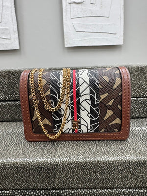 Burberry Brown Monogram Coated Canvas Stripe Jessie TB Wallet On A Chain