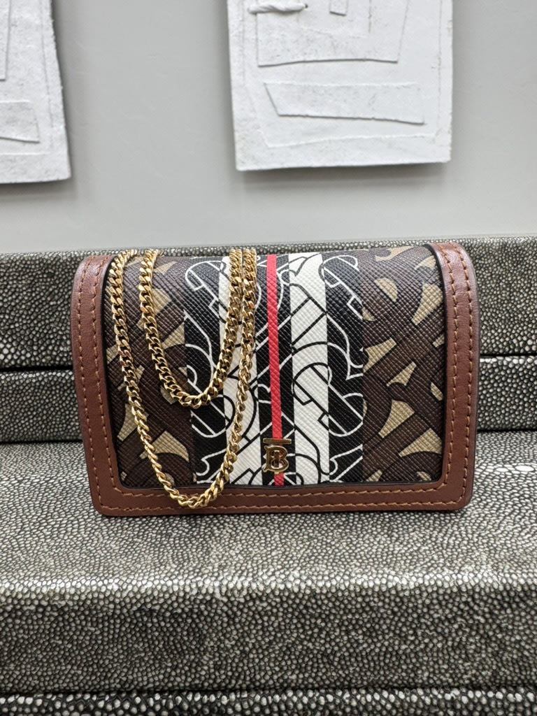 Burberry Brown Monogram Coated Canvas Stripe Jessie TB Wallet On A Chain