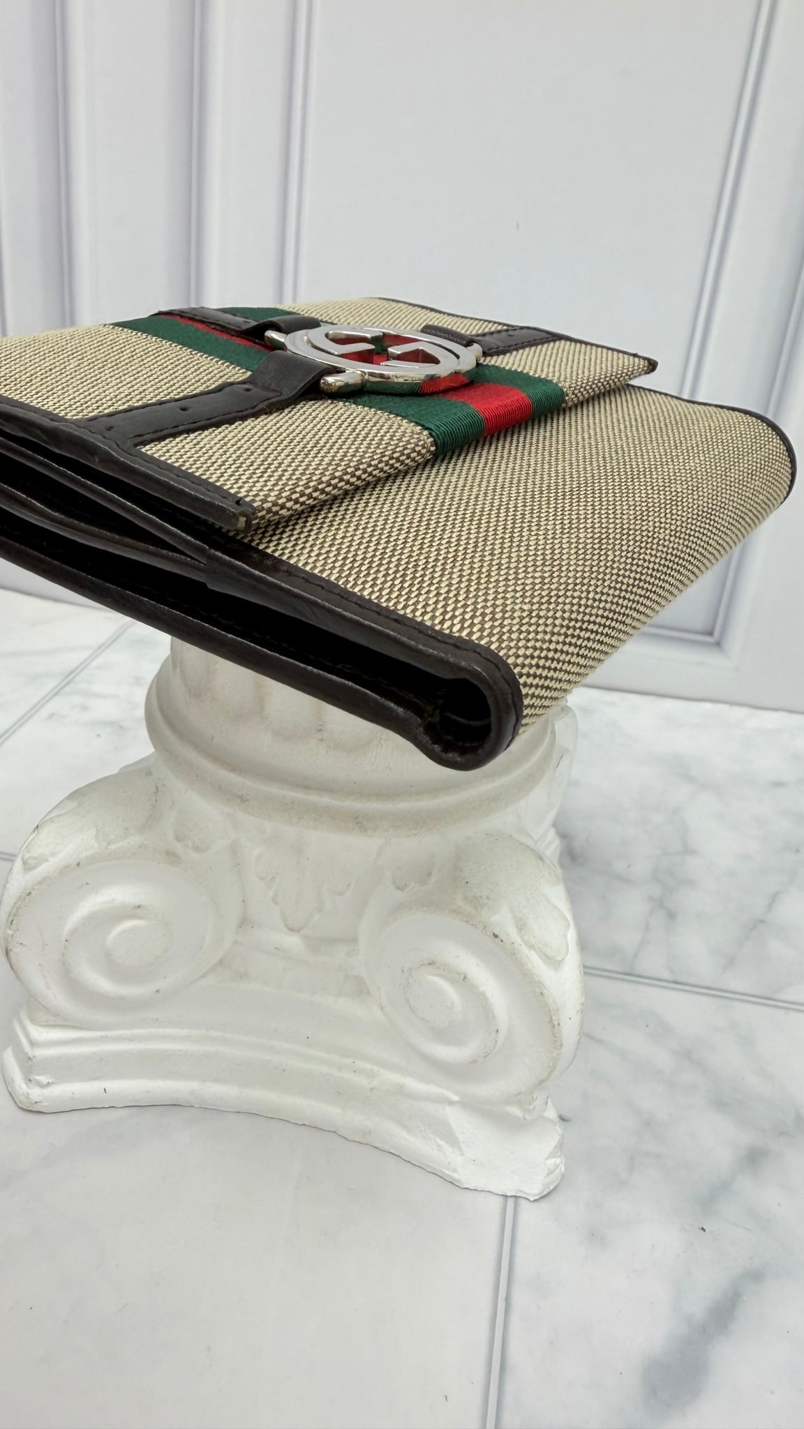 Gucci Vintage Beige & Brown Canvas Interlocking G Web Compact Wallet