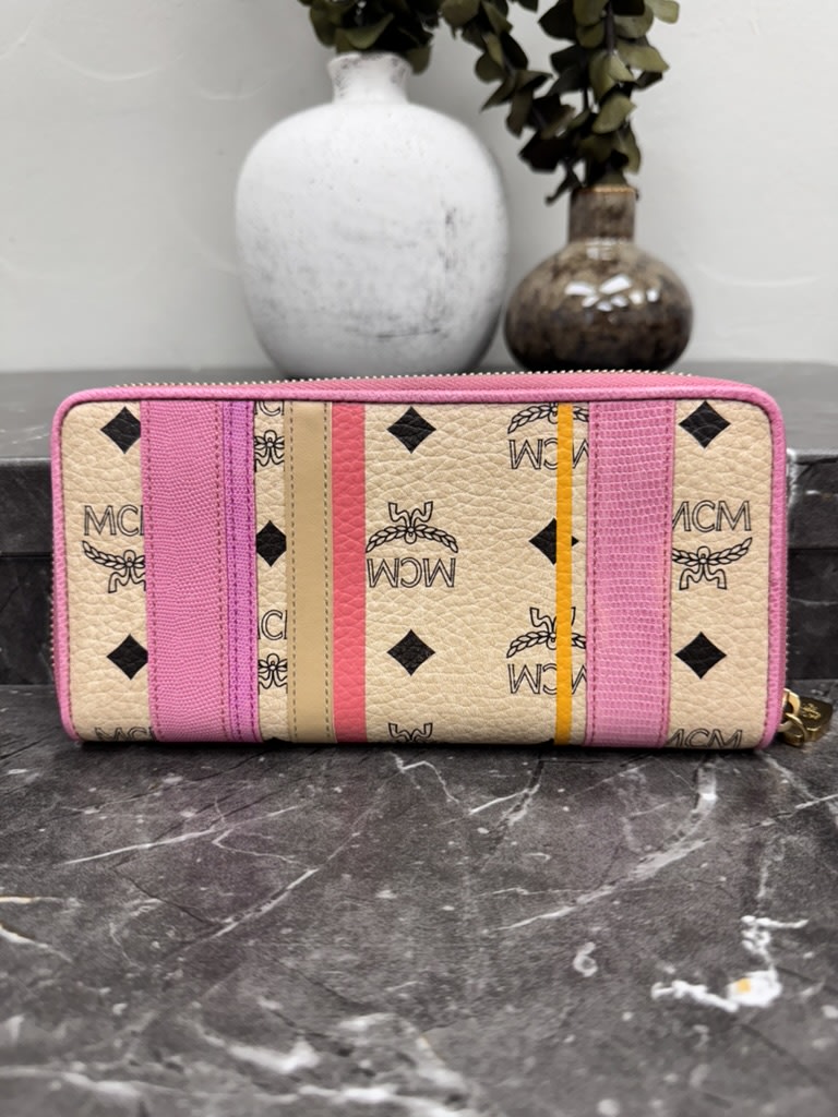 MCM Pink Coated Canvas Stripe Long Zippy Wallet