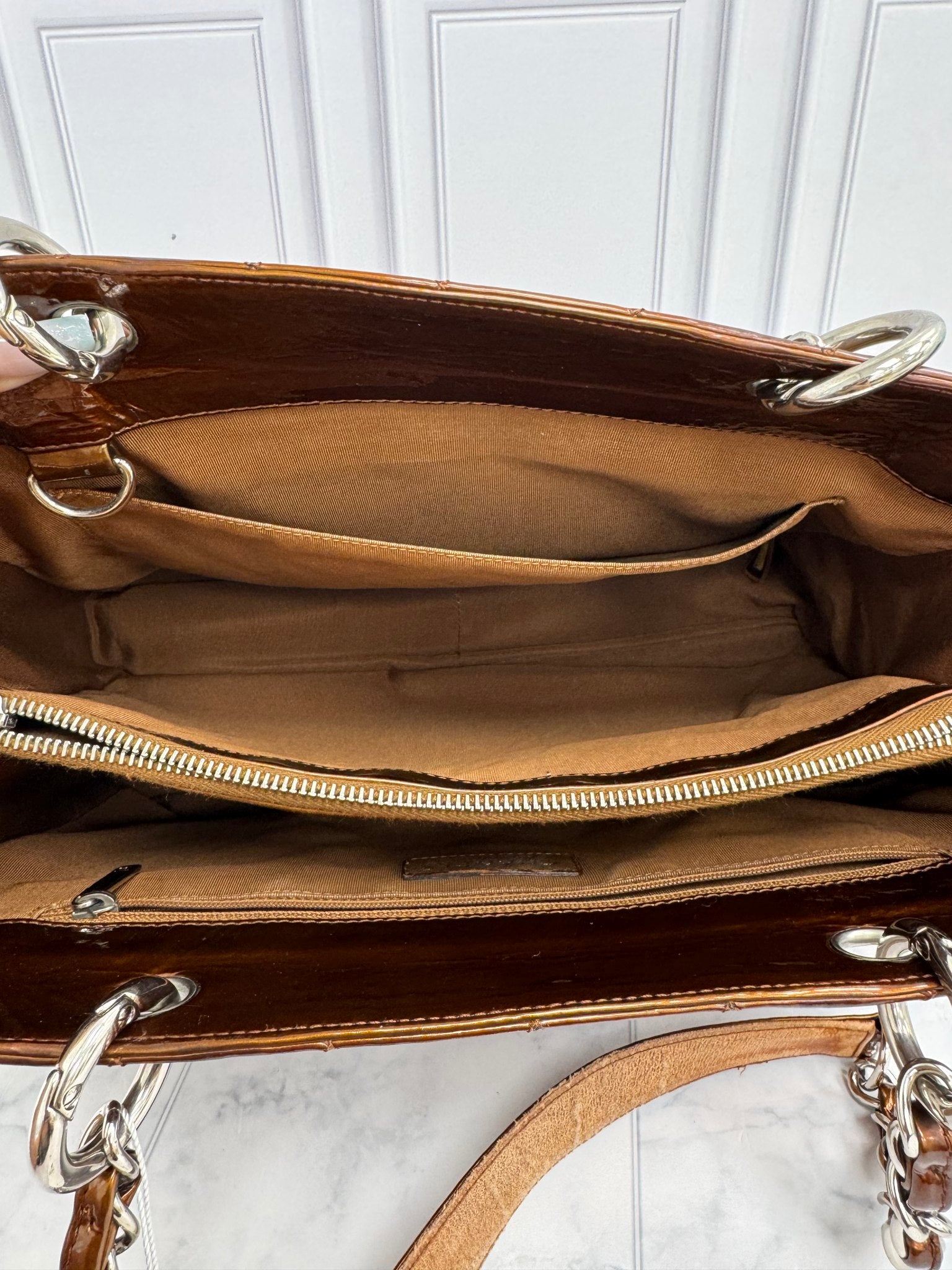 Chanel Bronze Quilted Patent Leather Grand Shopping Tote