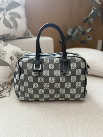 Loewe Navy Blue Anagram Denim Canvas Boston Bag