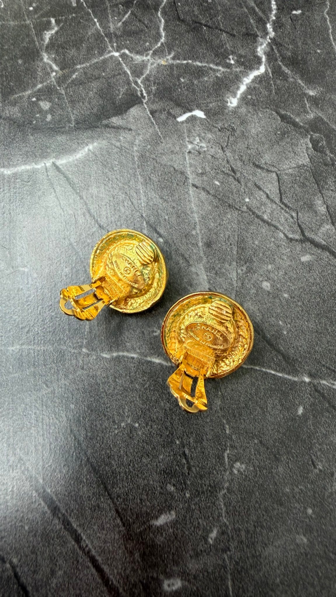 Chanel Vintage Gold Tone & Faux Pearl Coin Clip On Earrings 