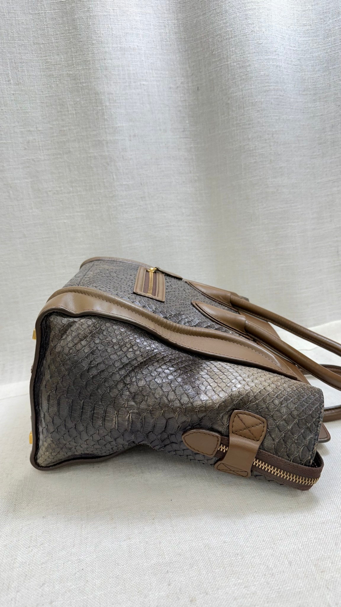 Celine Brown Python Leather Mini Luggage Tote Bag 
