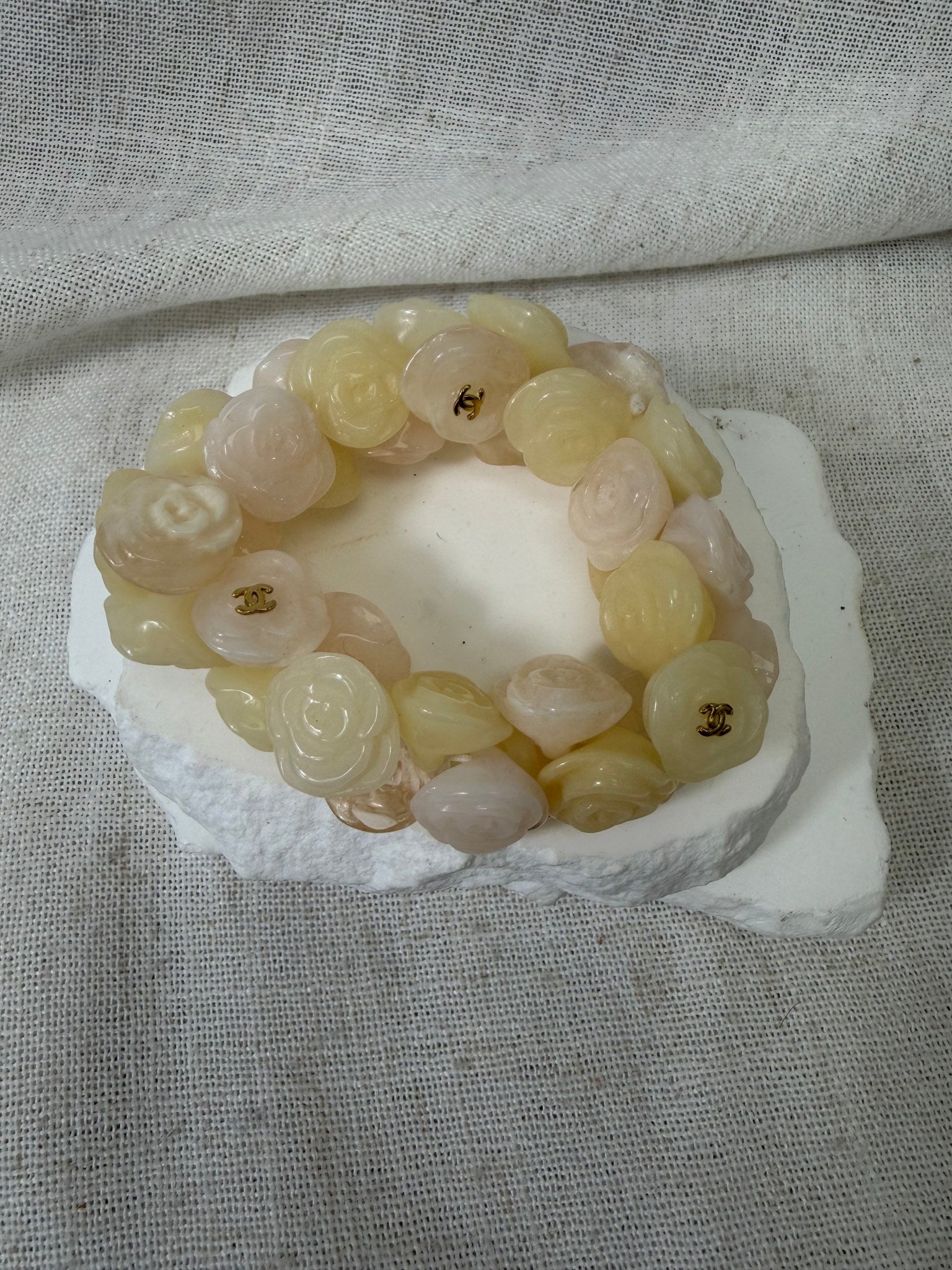 Chanel Ivory And Pink Resin Stretch Camellia Bracelet