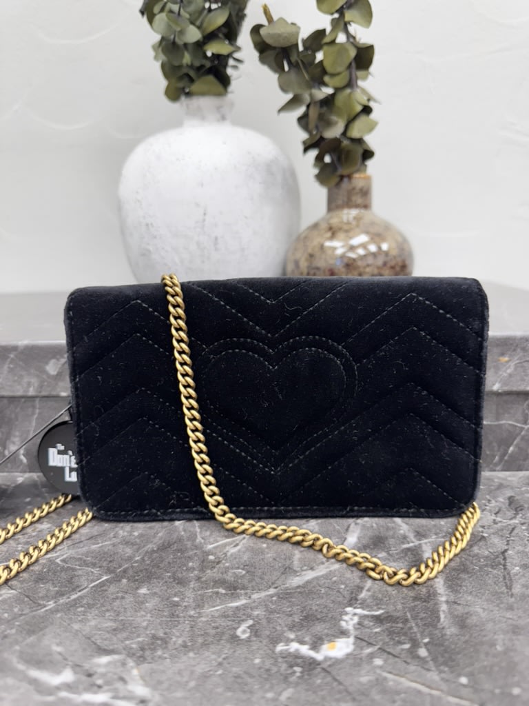 Gucci Marmont Black Chevron Quilted Velvet Embellished Hearts Wallet On A Chain