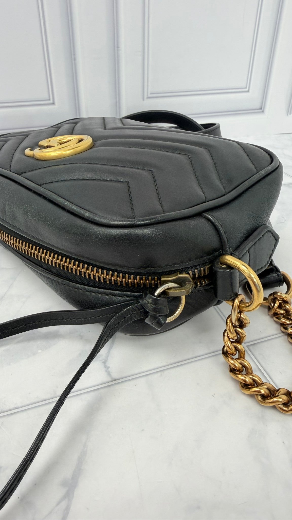 Gucci Black Leather GG Marmont Mini Camera Bag 