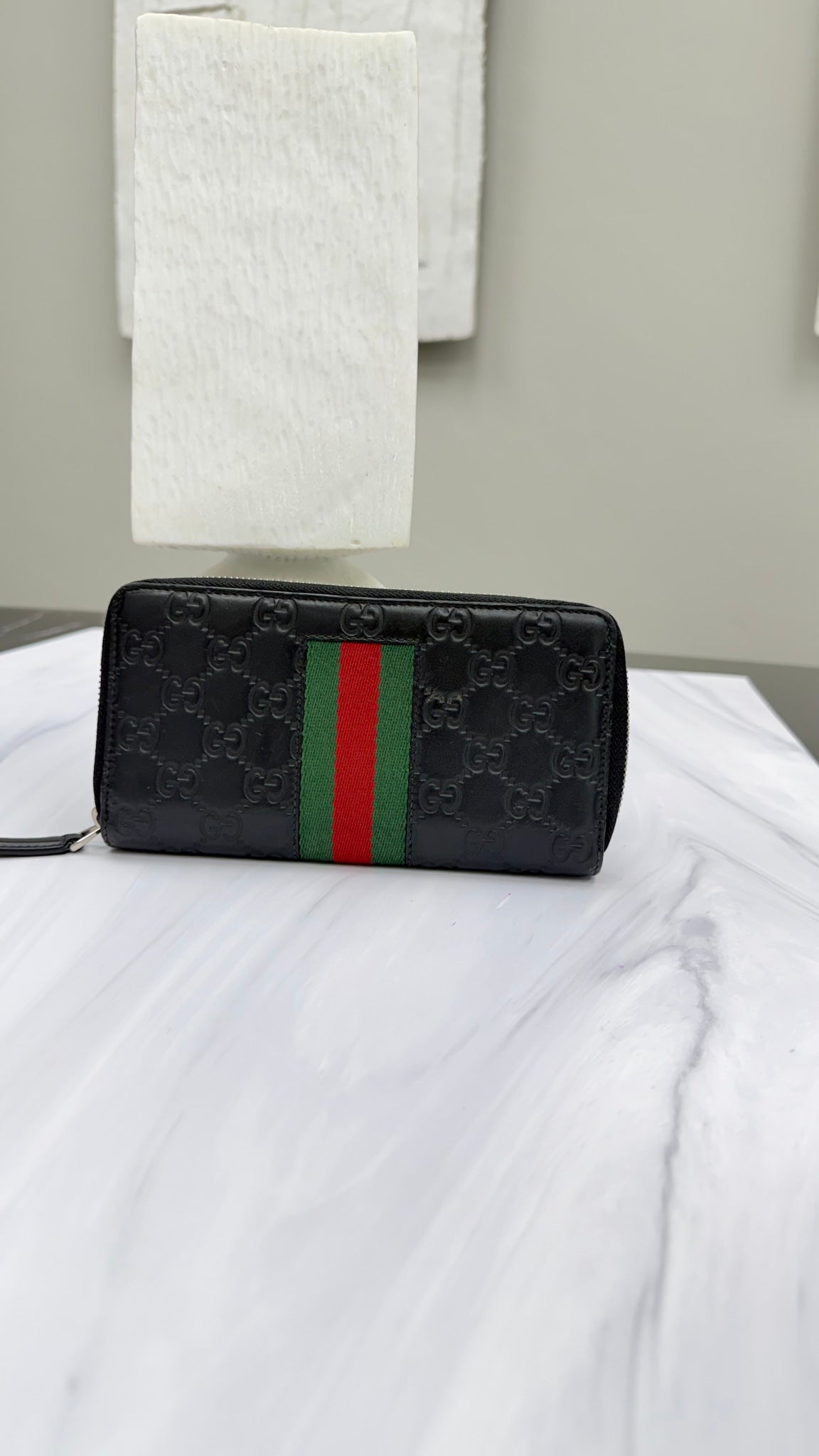 Gucci Black Guccissima Leather Web Zippy Wallet