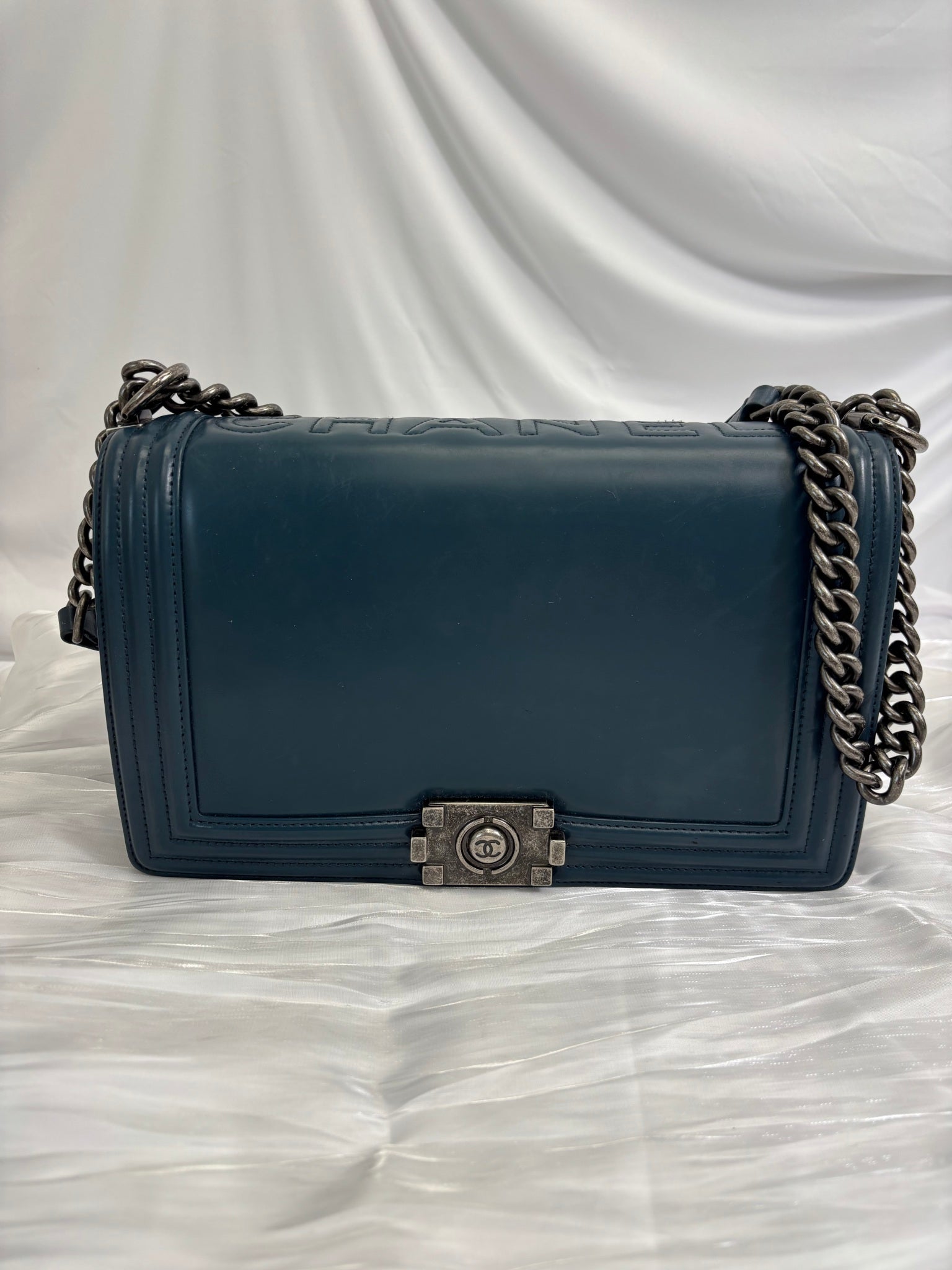 Chanel Navy Leather Medium Boy Bag