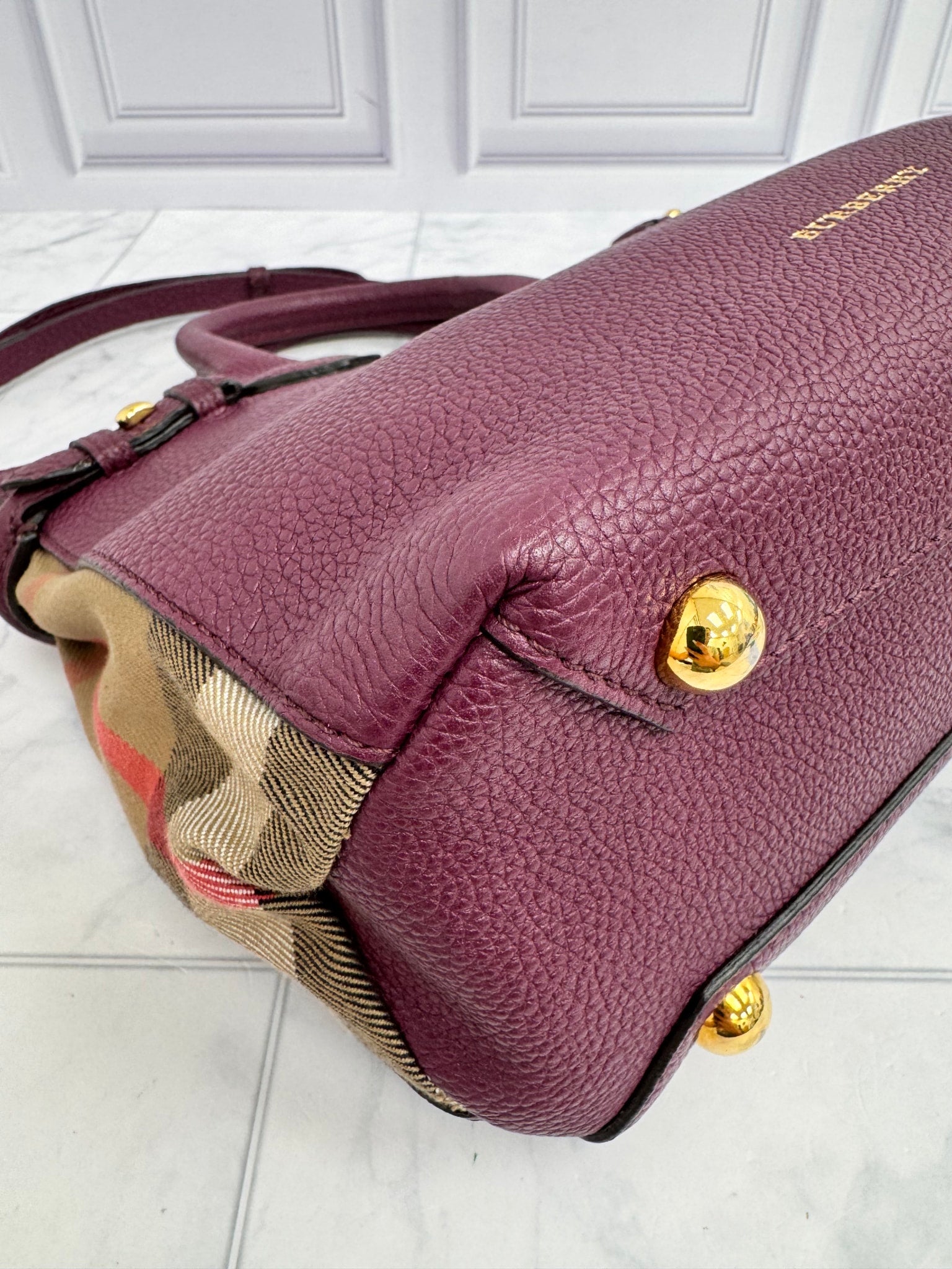 Burberry Maroon Grained Leather Small Tote Bag