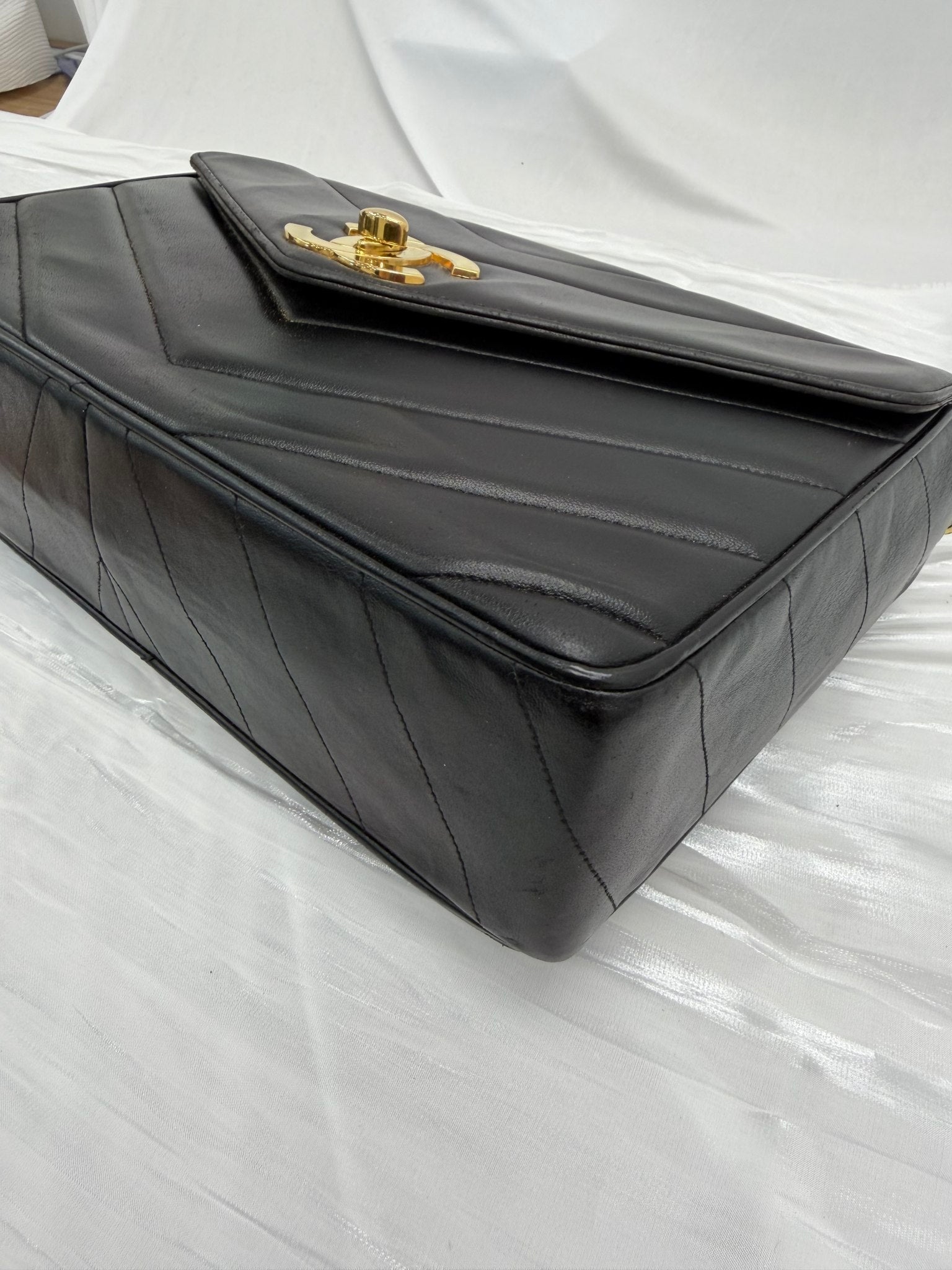 Chanel Vintage Black Chevron Lambskin 24k Jumbo Classic Flap Bag