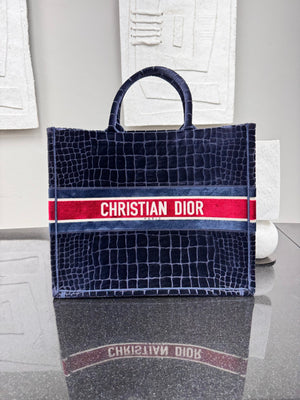 Christian Dior Navy Blue Croc Embossed Velvet Large Book Tote Bag