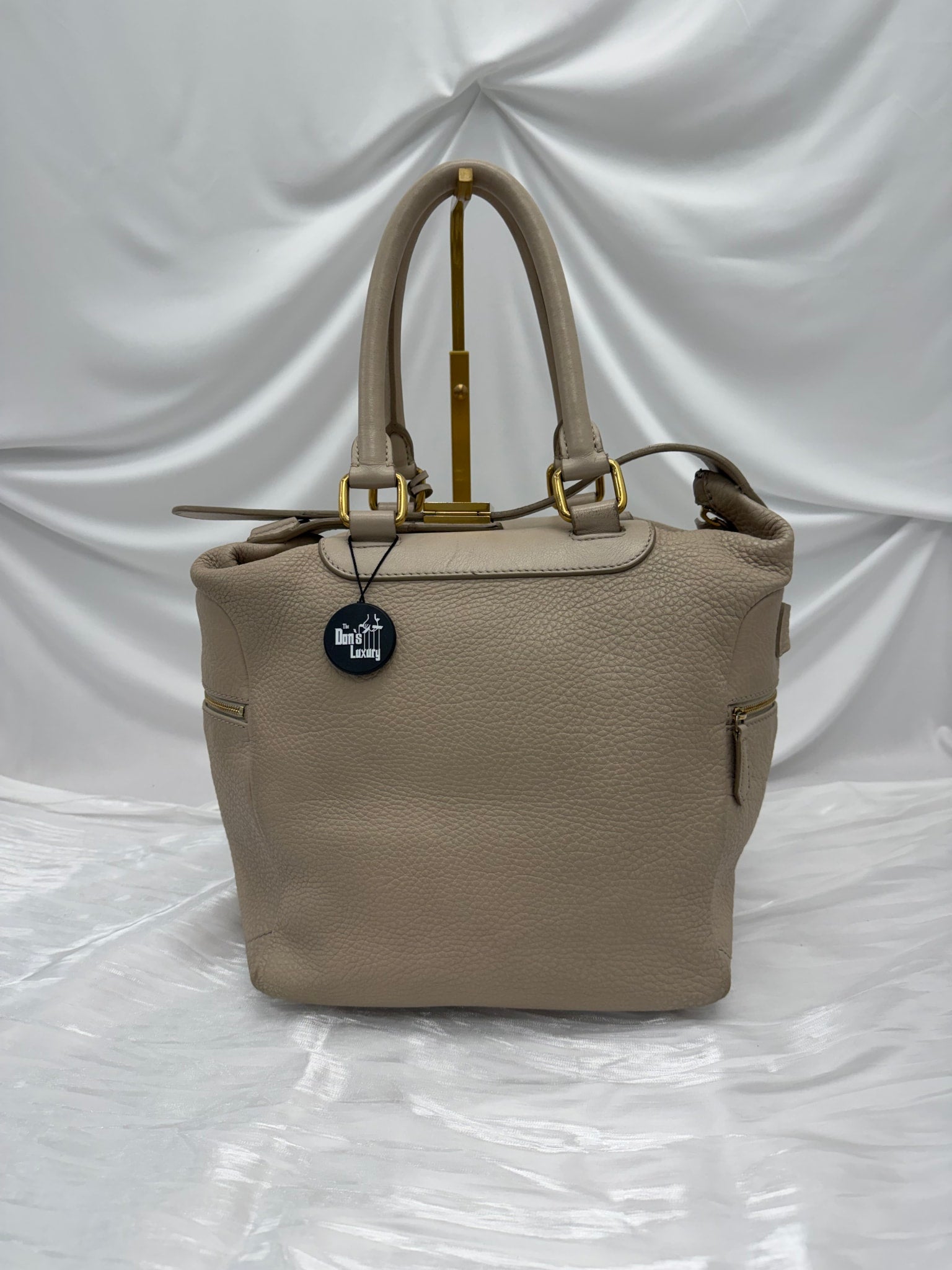 Celine Cream Pebbled Leather Top Handle Lock Bag