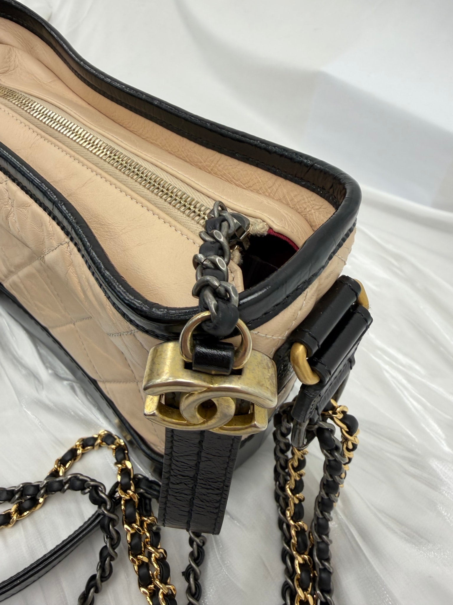 Chanel Tan & Black Aged Calfskin Quilted Small Gabrielle Hobo Bag