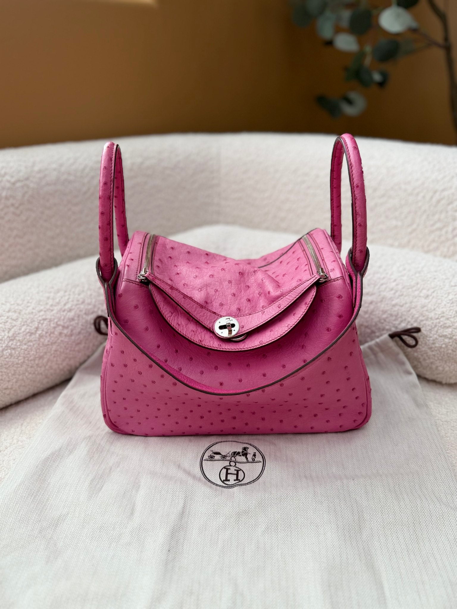Hermes Pink Ostrich Lindy 30 Handbag