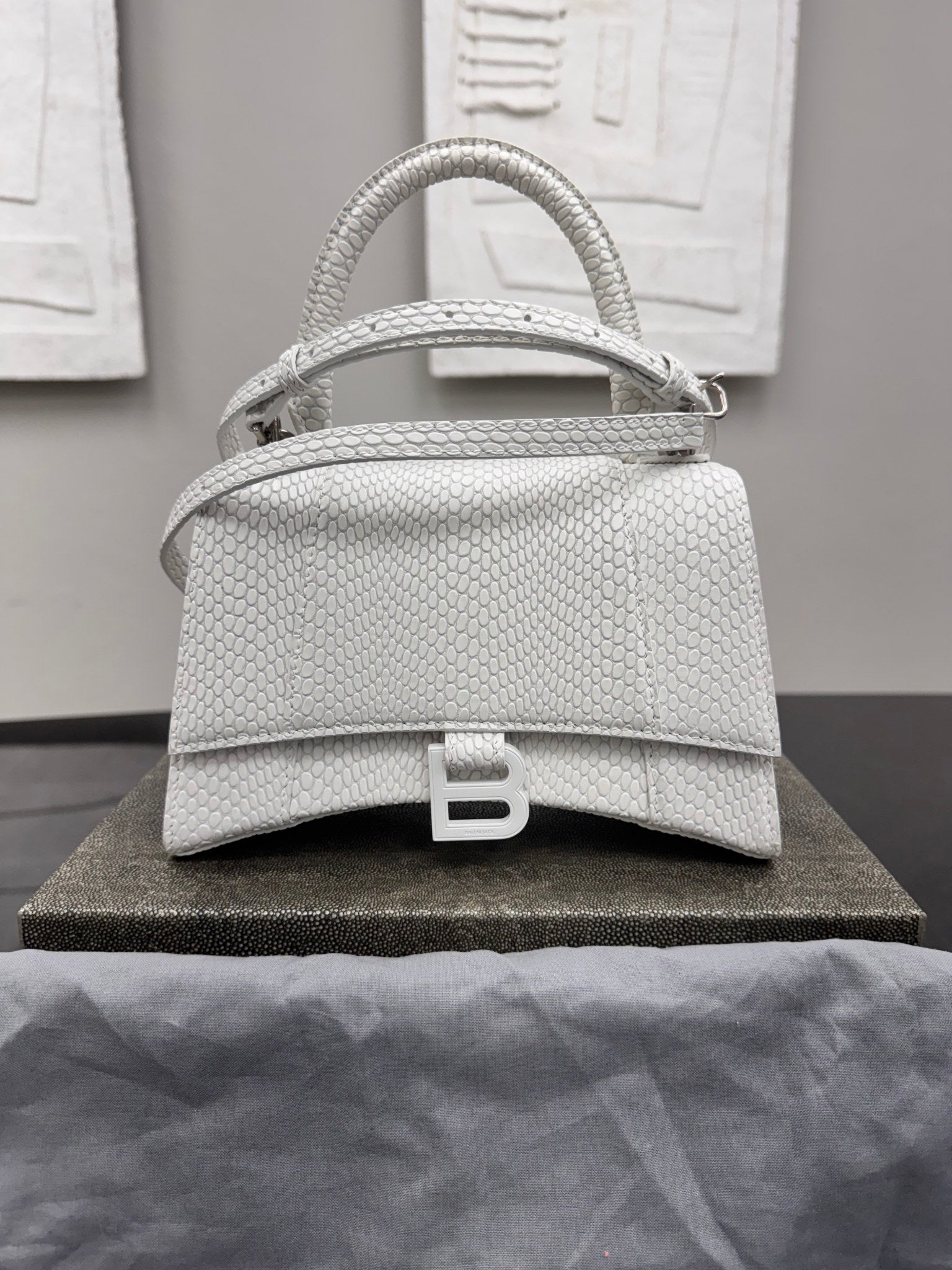 Balenciaga White Snakeskin Embossed Leather Small Hourglass 2Way Bag