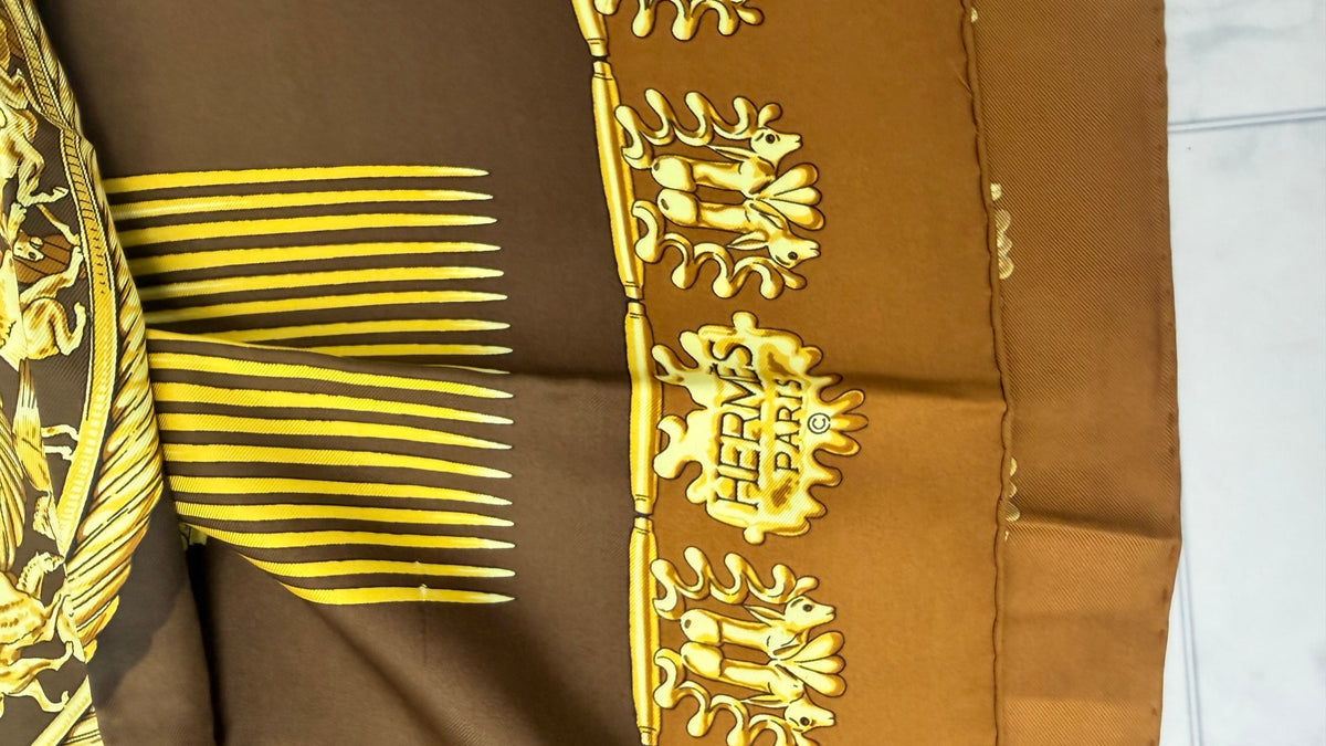 Hermes Brown Silk Les Cavaliers Carre 90 Scarf 