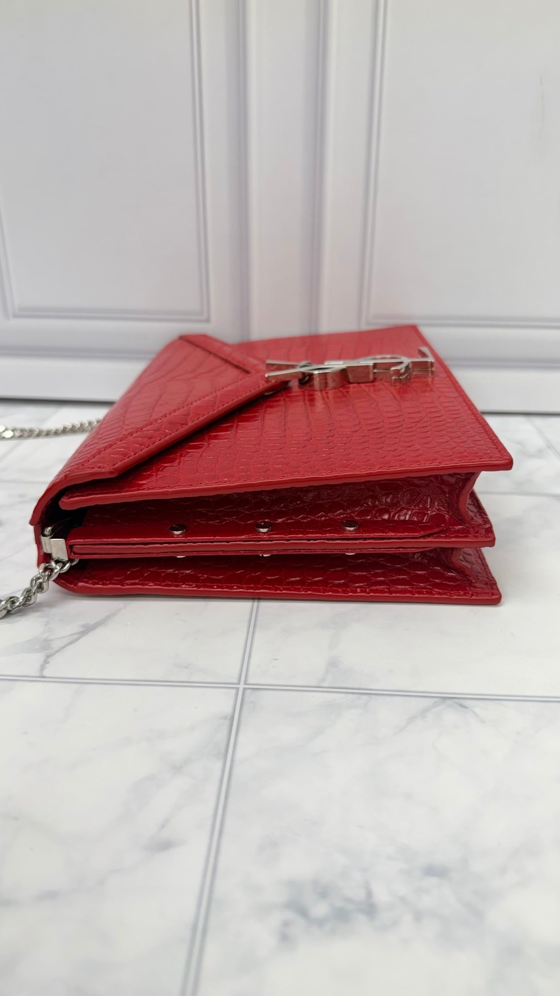 Saint Laurent YSL Red Croc Embossed Leather Cassandra Chain Bag 