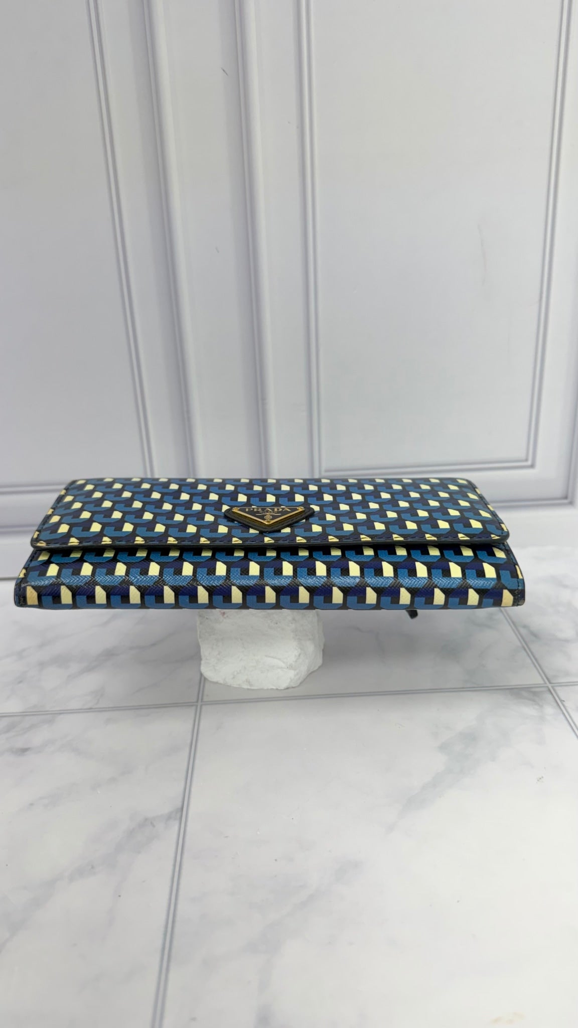 Prada Blue Multicolor Saffiano Leather Geometric Print Long Wallet 